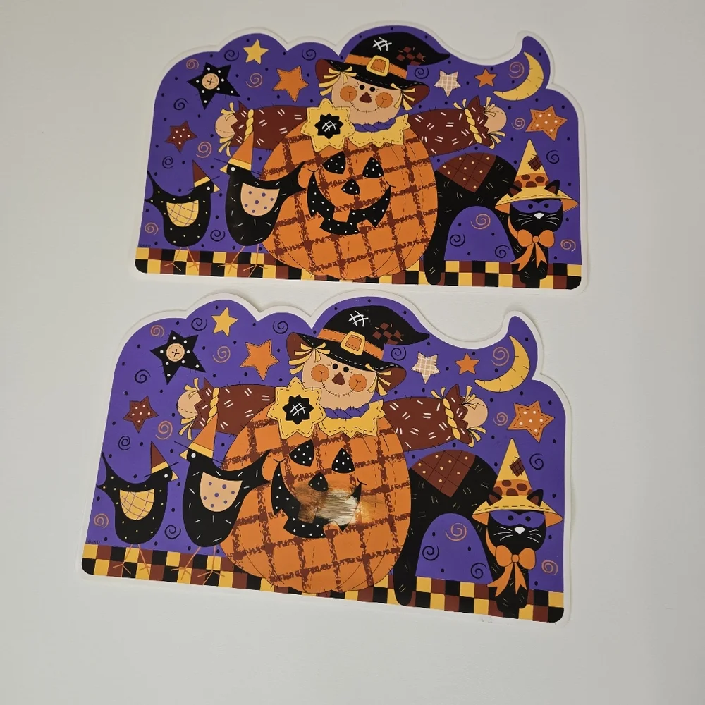 VTG Vinyl Happy Harvest Pumpkin Scarecrow Black Cat Farm Place Mat‎ Set of 2 90s